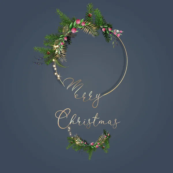 Christmas banner, Xmas design of wreath, decorations and lights. Text Merry Christmas. Copy space. 3D render