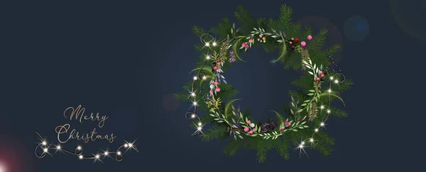 Christmas Card Design Dark Greeting Illustration Wreath Glowing Garland Lights — Stock Photo, Image