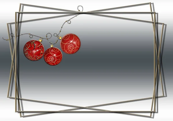 Χριστούγεννα Πρωτοχρονιά Φόντο Κρεμαστά Ρεαλιστικά Κόκκινα Μπαλάκια Χρυσό Πλαίσιο Αντιγραφή — Φωτογραφία Αρχείου