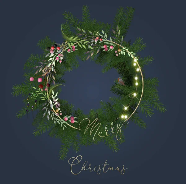 Corona Navidad Con Diseño Floral Sobre Fondo Azul Ilustración Vacaciones — Foto de Stock