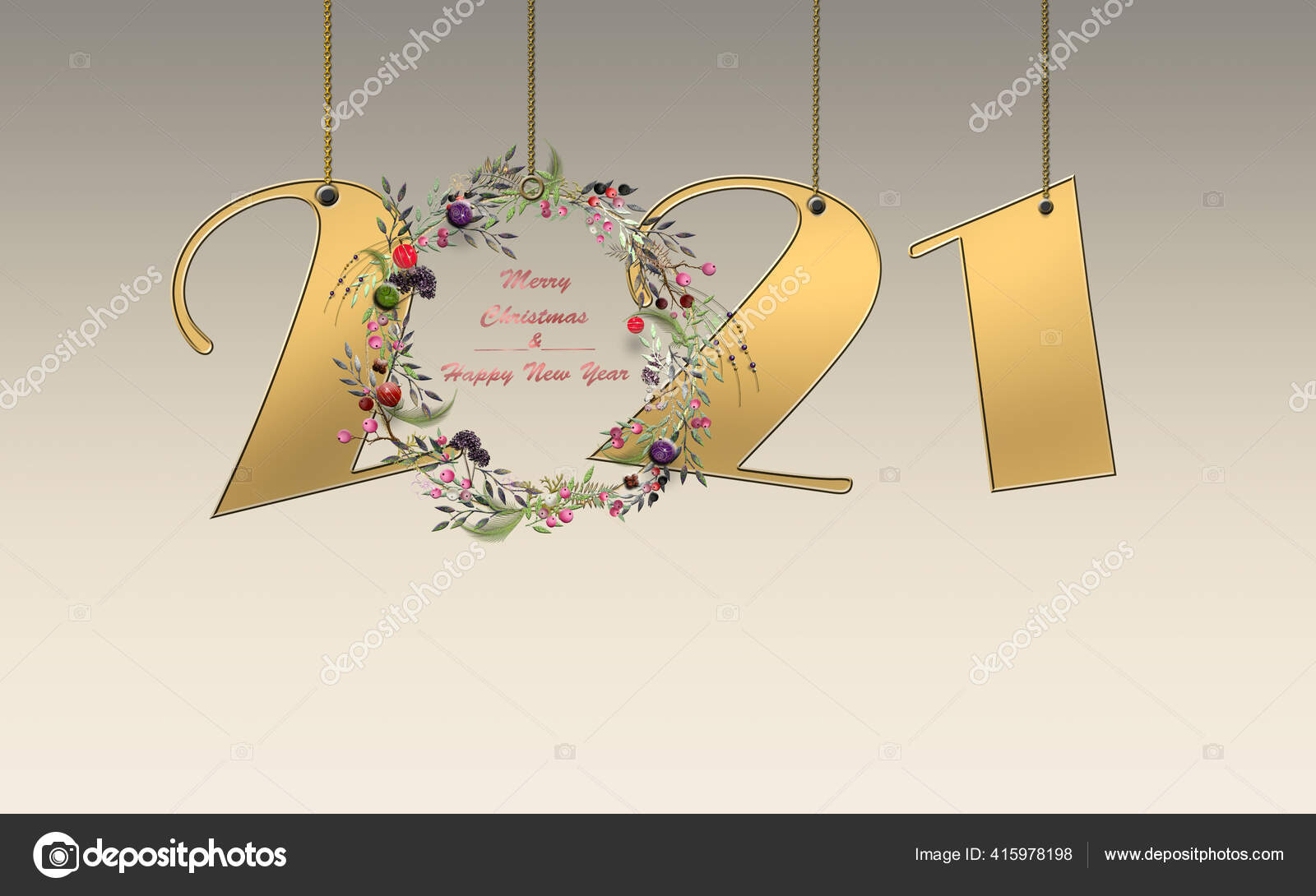 圣诞快乐21年新年快乐旗帜上挂着金黄色的奢侈品编号21 花环装饰着金黄色的粉刷背景文字上写着圣诞快乐新年快乐3d插图