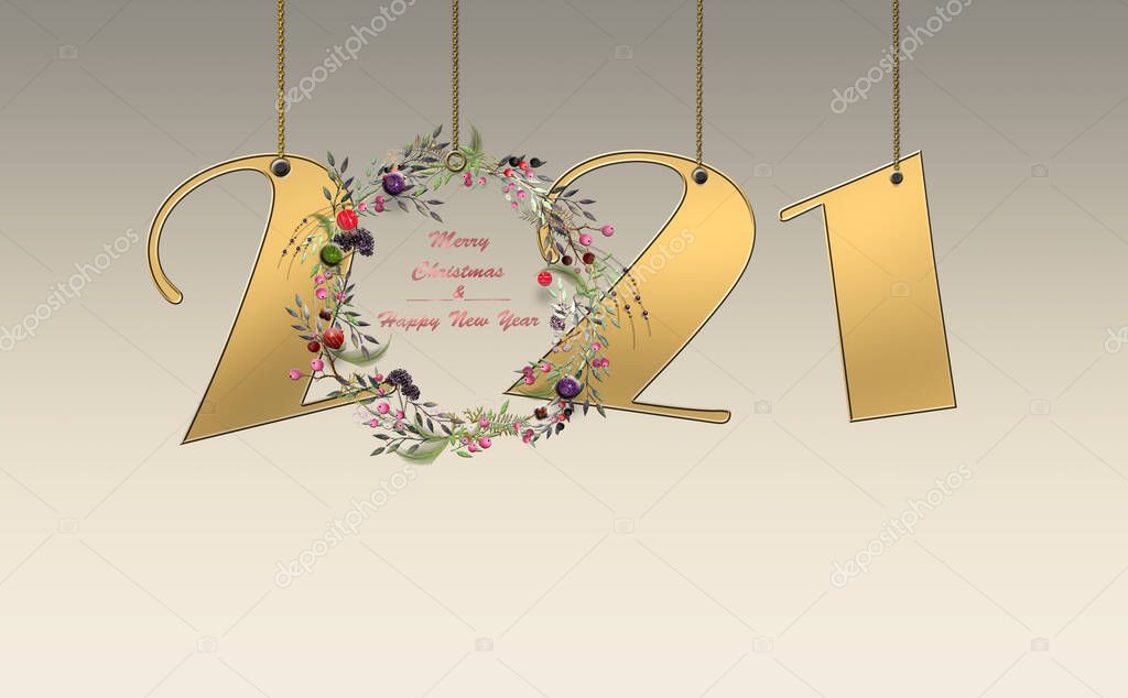 Merry Christmas and Happy New Year 2021 banner with hanging gold luxury number 2021, floral wreath on gold pastel background and text Merry Christmas Happy New Year. 3D illustration