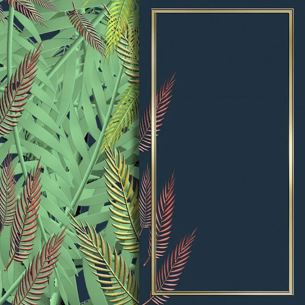 Abstract Nature Collage Green Tropical Plants Gold Frame Blue Background — Stock Photo, Image