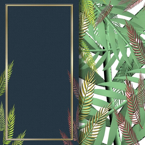 Abstraktní Přírodní Koláž Zelených Tropických Rostlin Zlatým Rámem Modré Pozadí — Stock fotografie