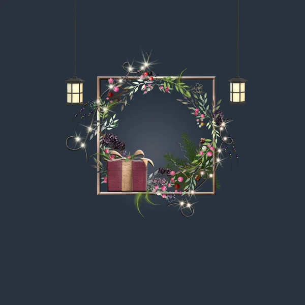 Magische Kerstavond Met Kerstversiering Bloemenkrans Hangende Lantaarns Geschenkdoos Donkerblauwe Achtergrond — Stockfoto