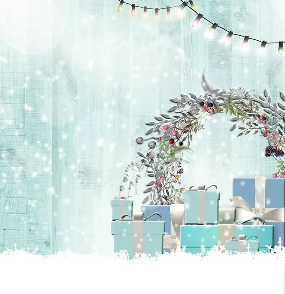 圣诞新年木制背景绿松石蓝色圣诞礼品盒 花卉花环 蓝色木制背景上的一串串灯饰与雪 文本的位置 3D渲染 — 图库照片