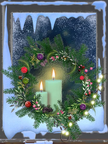 Noel süslemeli buzlu pencere. Mumlar, çelenkler, toplar ve köknar dalları. 3d Görüntü