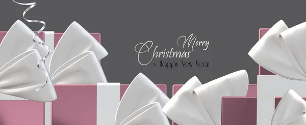 圣诞奢华的背景 边缘与现实的闪亮粉色礼品盒与白色的弓 光滑的蛇纹石在油腻的水平背景 祝您圣诞快乐新年快乐 3D说明 — 图库照片