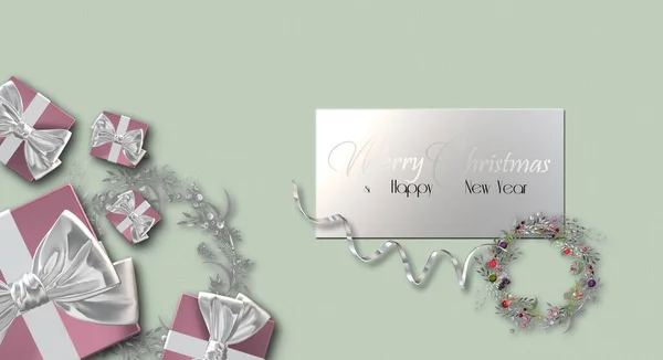 Vánoční Design Nad Pastelově Zelenou Růžové Zlaté Realistické Krabice Lukem — Stock fotografie