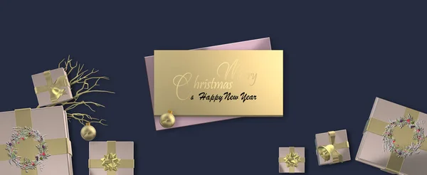Gerçekçi pembe altın renkli hediye kutuları ve koyu mavi arka planda çiçek çelenkleri olan bir Noel arkaplanı. Mutlu Noeller mesajı at. Mutlu yıllar. Şablon. Model yap, kopyala uzayı. 3B Görüntü.