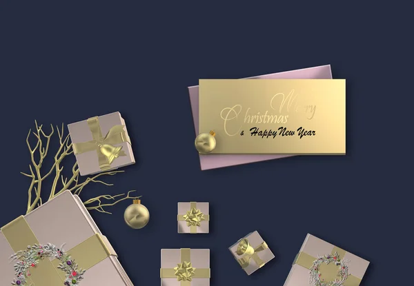 クリスマスカード 現実的な3Dピンクゴールドギフトボックス 黄金の装飾 キラキラバブルボールのクリスマスデザイン ゴールドテキスト光沢のあるラベルにメリークリスマスハッピー新年 祭りのカードだ 3Dレンダリング — ストック写真