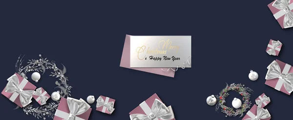 크리스마스 Xmas Design Real Pink Gold Gift Box Golden Ornamations — 스톡 사진