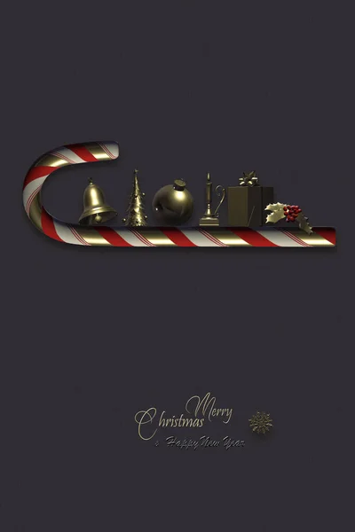 Karácsonyi Arany Szimbólumok Karácsonyfa Hópihe Labda Gyertya Harang Ajándék Piros — Stock Fotó