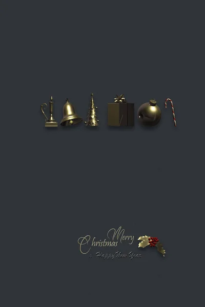 Weihnachten Gold Symbole Weihnachtsbaum Schneeflocken Kugel Kerze Glocke Geschenkbox Auf — Stockfoto