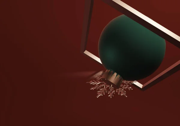 Yaratıcı lüks Noel tasarımı. Altın çerçeveli Cristmas Ball 'u kapat. Gece yarısı ışığı altında kırmızı dramatik arka planda kar taneleri parlıyor. 3B illüstrasyon