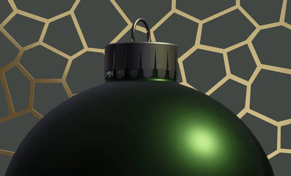 クリスマスのバナーの背景 夜の魔法の輝きの下で金光沢のある3D装飾に現実的な緑のボールの泡を閉じます 招待状 テンプレート テキスト用の場所 3Dイラスト — ストック写真