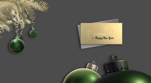 現実的なボールとクリスマスのデザイン 暗い背景に現実的な緑のクリスマスボールの泡を閉じ 金モミの枝 魔法の輝き 金のテキストメリークリスマスあけましておめでとうございます モックアップ 3Dイラスト — ストック写真