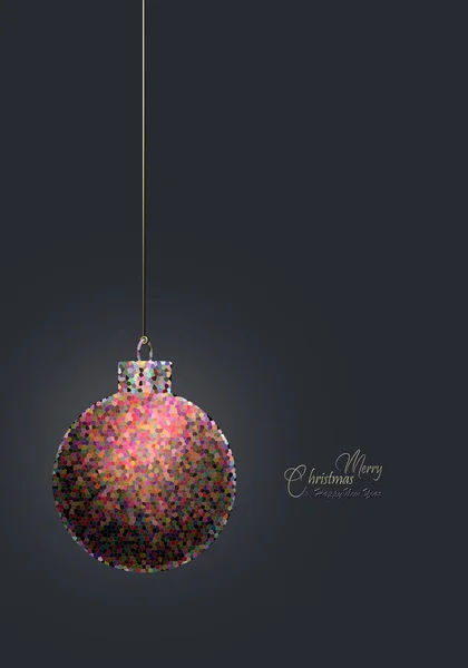 Merry Christmas minimalist stylish luxury design. Abstract Xmas ball hanging on gold shiny rod, text Merry Christmas Happy New Year over dark. Greeting invitation card, place for text. 3D illustration