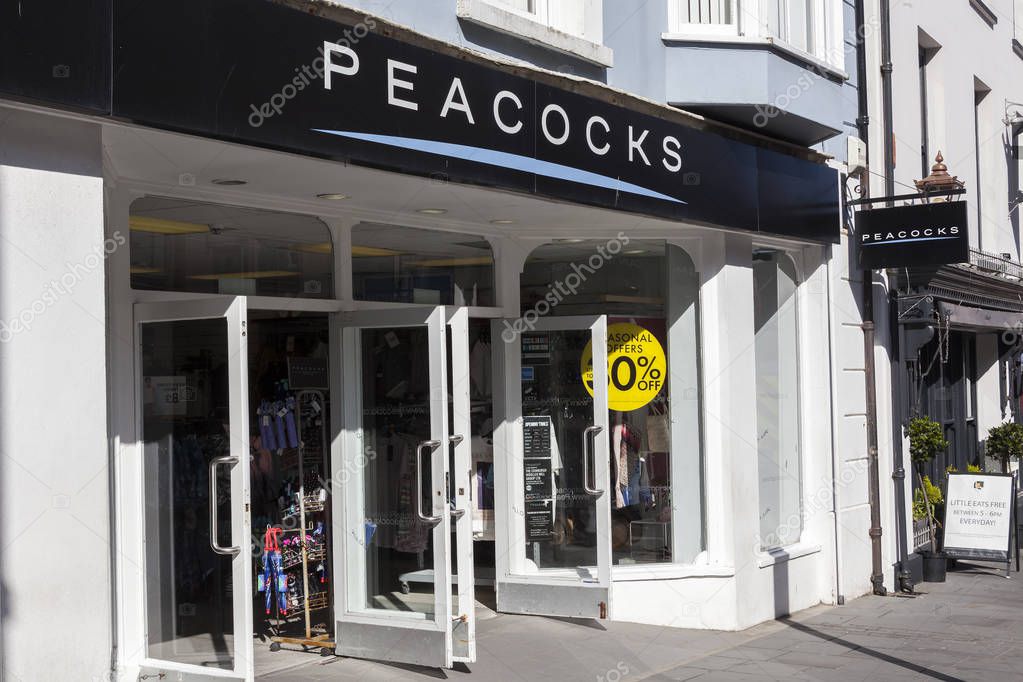 Tenby, Wales, UK, May 14, 2018 :  Peacocks clothing retail outlet which is a popular store in St Julian's Road in the city centre