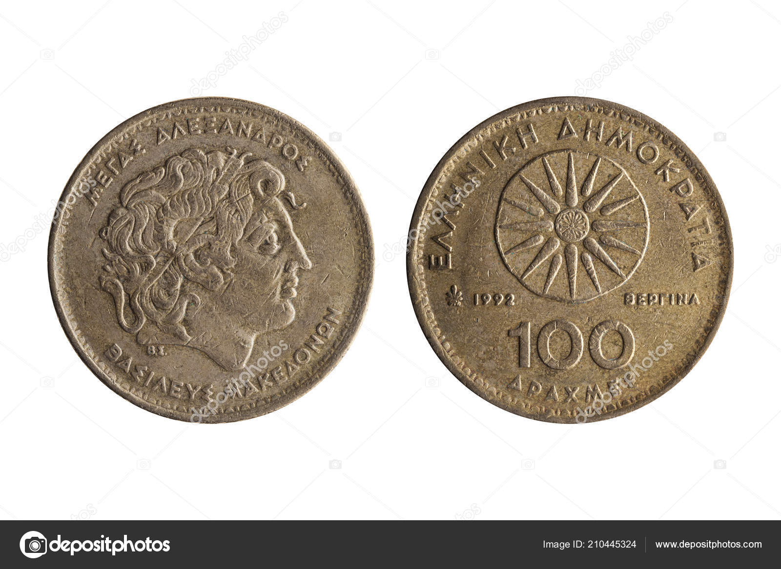 希腊100德拉克马硬币日期1992与画像亚历山大的伟大正面和星Vergina 反向切开并且隔绝在白色背景上——图库图片© lenschanger  #210445324