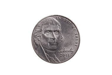 ABD yarım kuruş Nikel madeni para (25 sent) ile Thomas Jefferson bir portre görüntüsünü kesip ve beyaz bir arka plan üzerinde izole