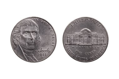 Kes şunu ve beyaz bir arka plan üzerinde izole bir portre resim Thomas Jefferson yüz ve Montecello ters ABD yarım kuruş nikel para (25 sent)