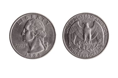 ABD çeyrek dolar Nikel madeni para (25 sent) ile George Washington ön yüzde ve kel kartal ters bir portre görüntüsünü kesip ve beyaz bir arka plan üzerinde izole