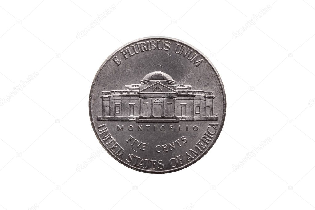 USA half dime nickel coin (25 cents) reverse showing Monticello cut out and isolated on a white background