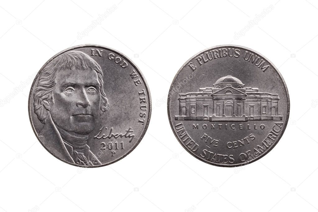 USA half dime nickel coin (25 cents) with a portrait image of Thomas Jefferson obverse and Montecello reverse cut out and isolated on a white background
