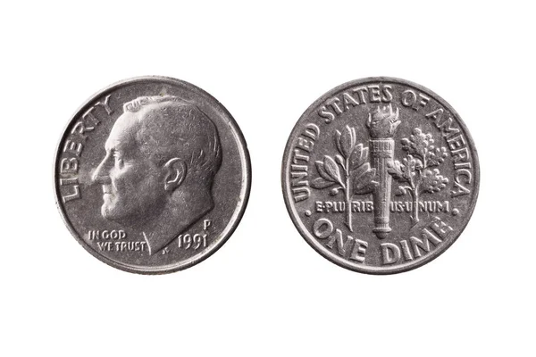アメリカ セント硬貨ニッケル コイン セント 表側フランクリン ルーズベルト逆オリーブ トーチ樫枝をカットし 白い背景で隔離 — ストック写真