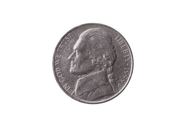 Thomas Jefferson bir portre görüntü ile tarihli 1999 biçilmiş kaftan ve beyaz bir arka plan üzerinde izole ABD yarım kuruş Nikel madeni para (25 sent)