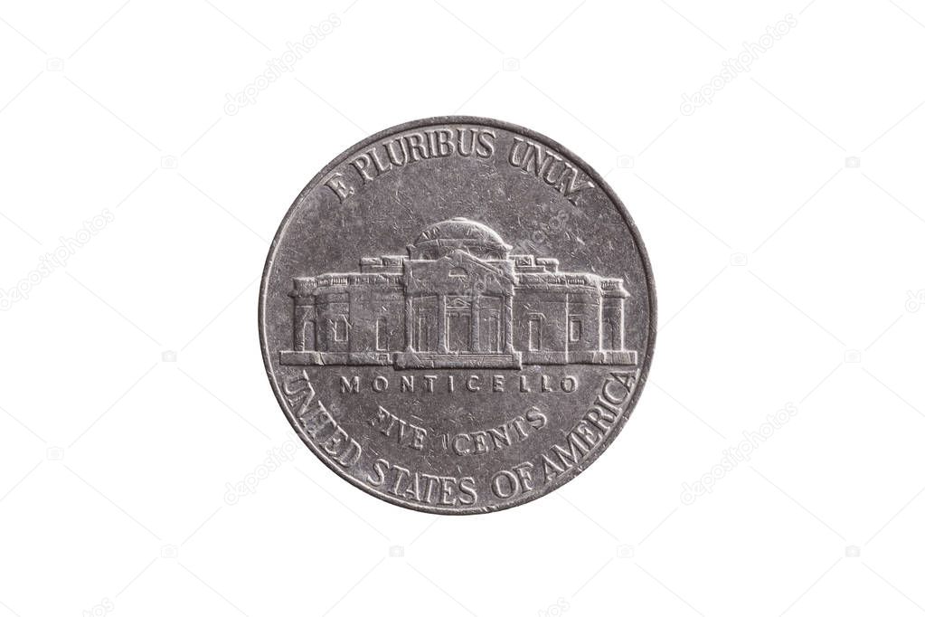 USA half dime nickel coin (25 cents) dated 1999 reverse showing Monticello cut out and isolated on a white background