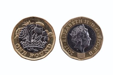 İngiltere 'nin 2017 yılında piyasaya sürdüğü yeni 1 pound sikke beyaz arka planda kesilip izole edilmiş her ulusun amblemlerini gösteriyor.
