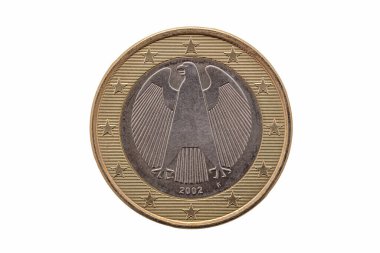 Almanya 'nın 2002 tarihli bir 1 Euro' luk sikkesinin ters tarafı. Bu da Alman kartalının beyaz bir arkaplanda ayrılıp izole edildiğini gösteriyor.