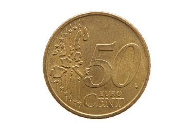 Almanya 'nın 2002 tarihli 50 cent' lik madeni parası beyaz arka planda kesilmiş ve izole edilmiş