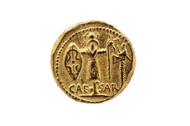 Reverse side of a Roman Aureus Gold Coin replica of Julius Caesar with a Trophy of Gallic Arms  struck between 48-47 BC cut out and isolated on a white background clipart
