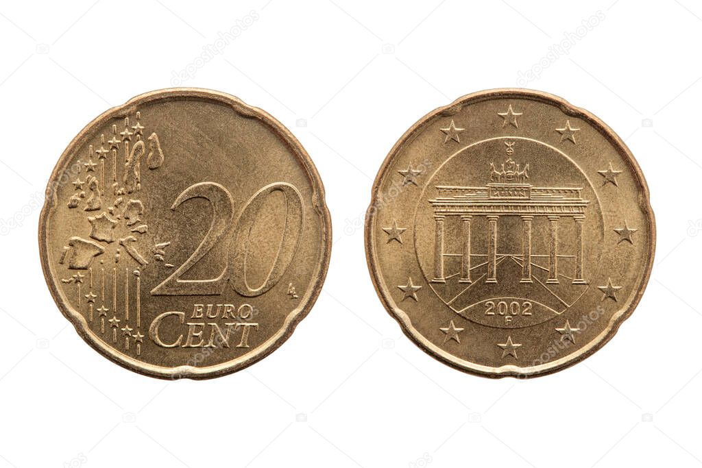 Twenty cent euro coin of Germany dated 2002 showing the Brandenburg Gate in Berlin on the reverse cut out and isolated on a white background