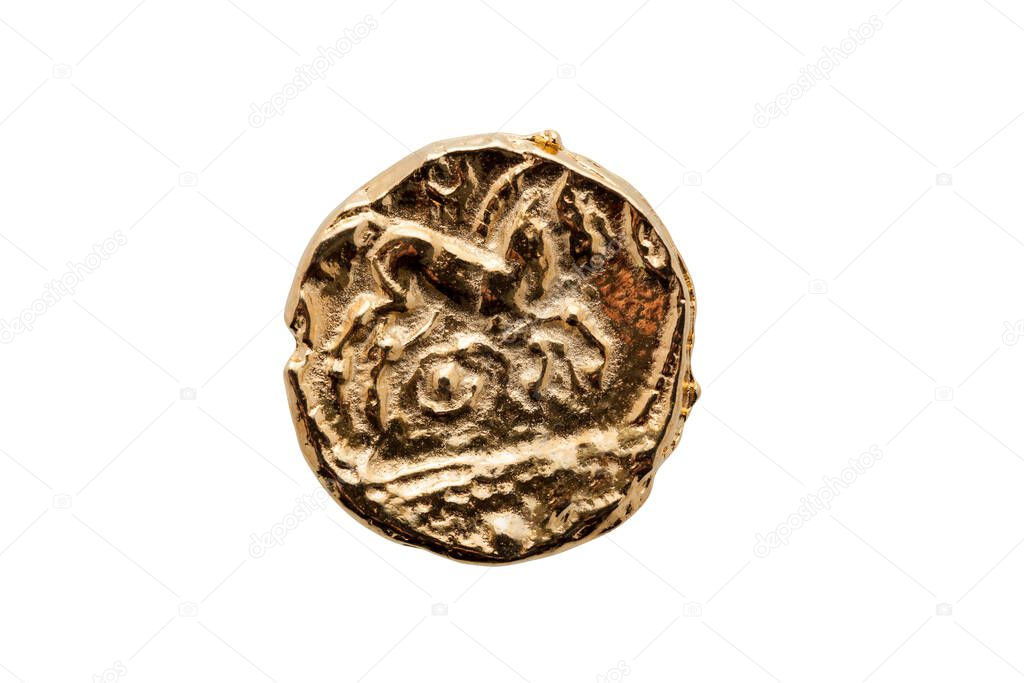 Gold Stater coin of Catuvellauni BC45-20 replica reverse side showing a horse cut out and isolated on a white background