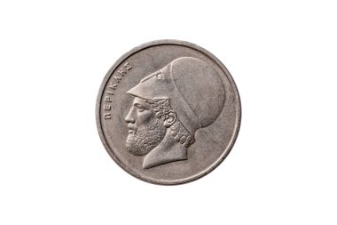 1982 tarihli Yunan 20 Drachma sikkesi. Beyaz arka planda kesilmiş ve izole edilmiş Perikles 'in portresi.