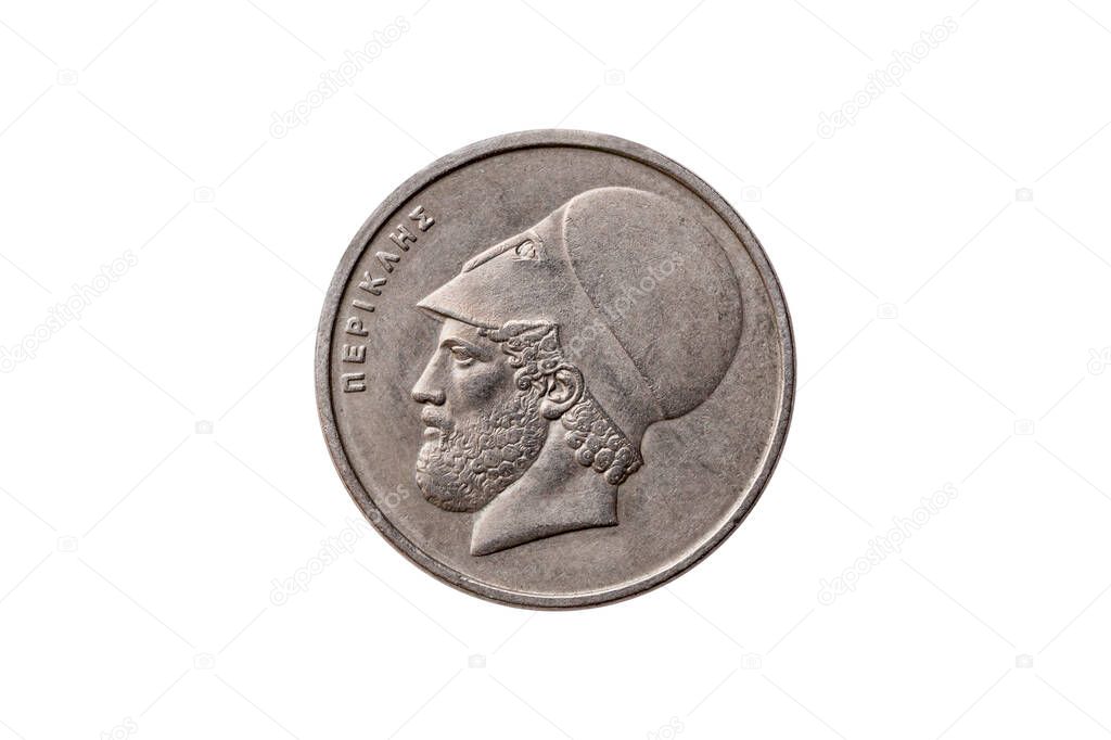 Greek 20 Drachma coin dated 1982 with a portrait image of  Pericles cut out and isolated on a white background