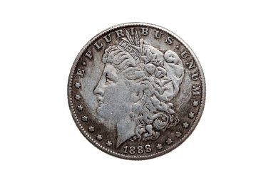 ABD 1 Doları Morgan Silver Coin kopyası 1880 tarihli, ters kesilmiş ve beyaz bir arkaplanda izole edilmiş Özgürlük portresi.