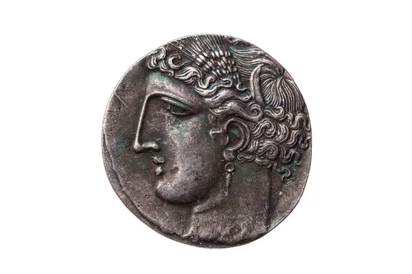 Stříbrný Šekel Kartaginská Mince Replika Portrétem Tanit Bohyně Oblohy Okřídlený — Stock fotografie