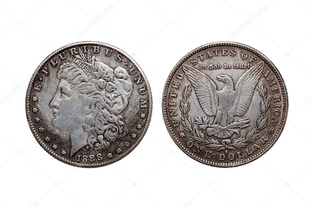 USA One Dollar Morgan Silver Coin replica dated 1880 with a portrait image of Liberty on the obverse and a spread eagle on the reverse cut out and isolated on a white background