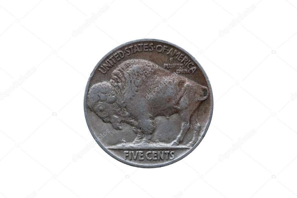 USA five cents Buffalo Indian Head nickel coin dated 1935 back (reverse) cut out and isolated on a white background