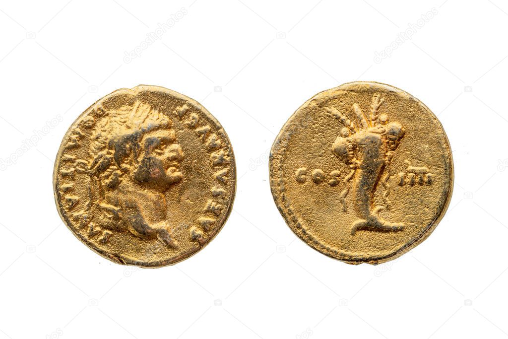 Roman gold aureus replica coin reverse of Roman Emperor Domitian AD 81-96  portrait obverse cornucopia (horn of plenty) reverse cut out and isolated on a white background