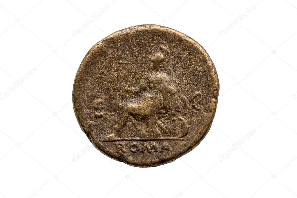 Roman Dupondius Replica Coin of  Roman Emperor Nero 37-68 AD  City of Rome in Human Form reverse cut out and isolated on a white background