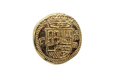 İspanya 'nın Altın Escudos Madeni Parası (Felipe II) Taç Giyen Kalkan Obverse beyaz bir arka planda kesilip izole edildi