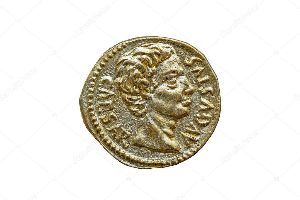 Roman gold aureus replica coin obverse of Roman Emperor Augustus 27BC-14AD cut out and isolated on a white background