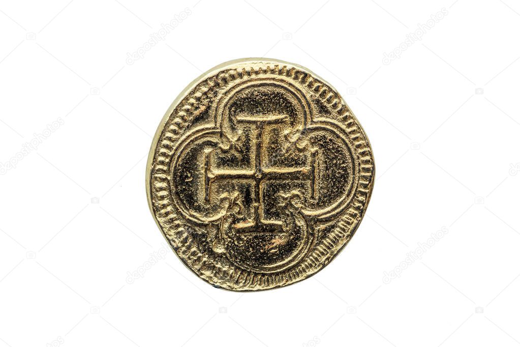 Gold Escudos Coin of Philip II (Felipe II) of Spain replica Cross In Quatrefoil Reverse side cut out and isolated on a white background