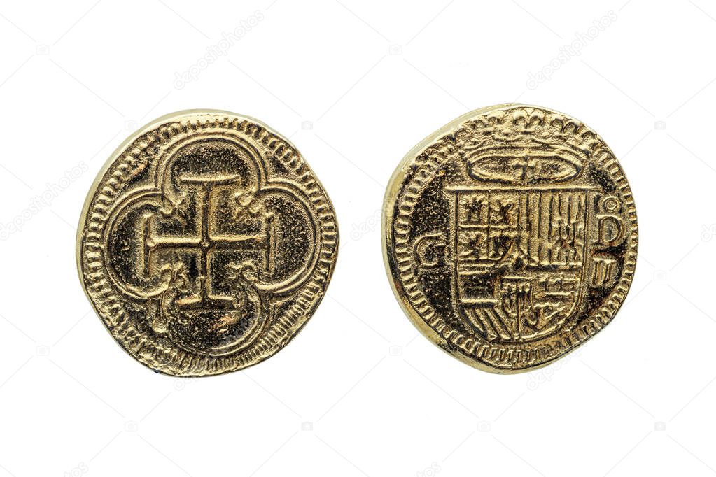 Gold Escudos Coin replica of Philip II (Felipe II) of Spain Crowned Shield Obverse Cross In Quatrefoil Reverse cut out and isolated on a white background